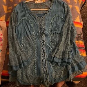 Elegant Lace Trimmed Blue Top